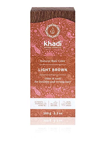 khadi LIGHT BROWN tinte coloración para cabello marrón claro, leonado cálido con reflejos vivos y rojizos, color natural 100% vegetales y vegano, cosmética certificada, 100g