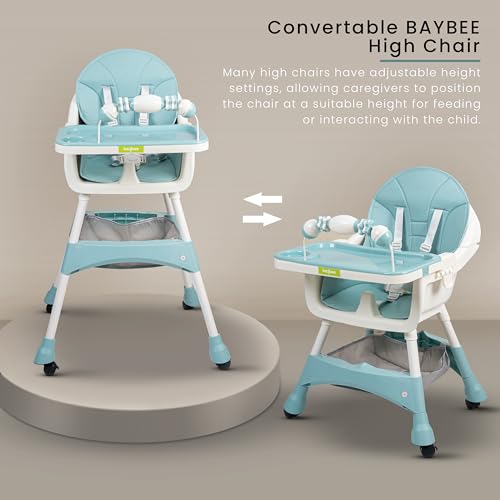 Image of Baybee 3 in 1 Auro Baby High Chair for Kids | Feeding Chair with 3 Height Adjustable & Basket, Booster Seat with Food Tray, Toy Bar & Safety Belt | High Chair for Baby 6 Months to 4 Years Boys Girls (Green)