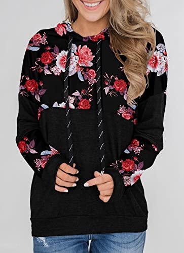Crazy Grid Floral Print Hoodie Sweatshirt For Women Casual Color Block Pullover Hooded Fashion Loose Fit Drawstring Hoodie Shirt Night Rose S #TOP3