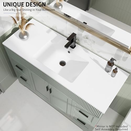 Image of eclife 48 inch Bathroom Vanities Sink Combo with Painted Surface, Modern Drawered Cabinet W /Decorative Wave Lines, Undermount Single White Sink, Matte Black Faucet Drain, Gray Green