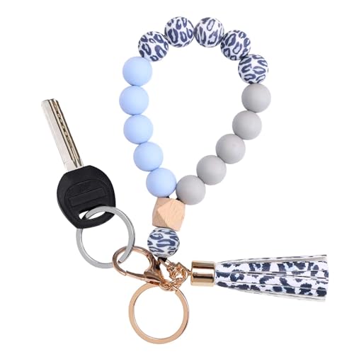 Image of BAOSIWA Silicone Key Ring Bracelet Wristlet Keychain Unique Beaded Bangle Key Chains for Women with Leather Tassel
