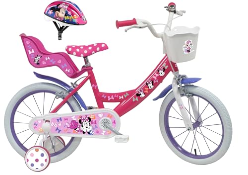 Vélo Enfant 16'' Fille Minnie/Disney équipé de 2 Freins, Panier Avant, Porte poupée arrière, Garde-boues et Stabilisateurs + Casque Minnie Inclus !
