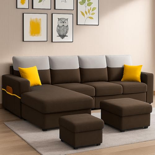 Image of Furny Tokiaa 8 Seater Fabric LHS L Shape Sofa Set with 1 Centre Table & 2 Puffy (Brown) | Soft Velvet Fabric | Modern Design | Comfortable Seating | Living Room Furniture