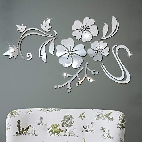 Miniatura 4 de Pegatinas de pared de acrílico plateado con flores, espejo 3D, modernas pegatinas de pared de acrílico para salón, dormitorio, TV, decoración de