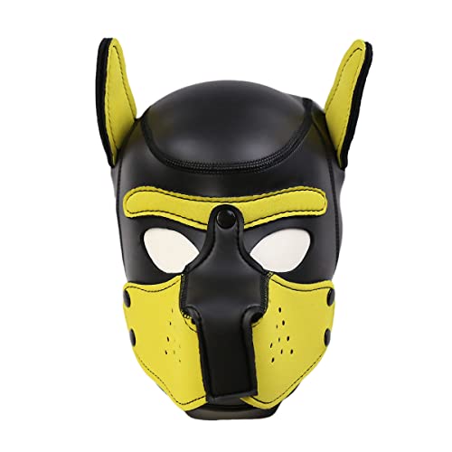 YiQin RWSX Hundemaske mit Kragen, Weiche Latex Petplay Hundemaske mit Ohren Welpenmaske Hunde Masken, Abnehmbarer Mund, Geeignet für Halloween, Urlaubsparty (XL, Gelb)