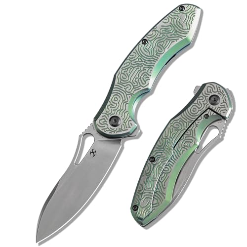 KANSEPT Echis Pocket Folding Knives for Men Women Camping Hiking Folding Knife 3.45'' Stonewashed CPM S35VN Blade Pocket Knife with Green Anodized Textured Titanium Handle Everyday Carry K1071A4