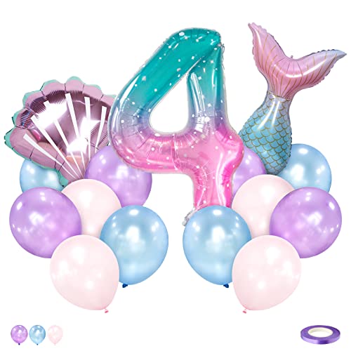 Ballon Sirène Arc-en-Ciel Pastel 4 Ans Géant Chiffre Anniversaire pour Fille - Thème Sirène Décoration Fête Enfants