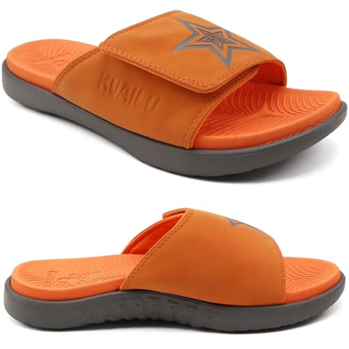 Image of KuaiLu Mens Atheletic Slides Wide Adjustable Arch Support Sport Sandals | Soft Cushioned Open Toe Summer Slippers for Plantar Fasciitis Slip On House Shoes Indoor Outdoor