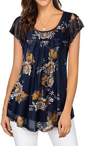 Furnex Dressy Blouse for Women, Womens Floral Tunic Tops for Leggings Summer Ruffle Short Sleeve Blouses Work Casual Scoop Neck Mesh Tunic Pleated Tops Layered Tunics for Womens Dark Blue Floral L