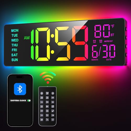 EASYERA 16.5" Large Digital Wall Clock with BT Sync, RGB Lights with 11 Scenes Mode Remote Control, Big LED Clock with Dual Alarms, Auto DST, Temperature for Classroom Gaming