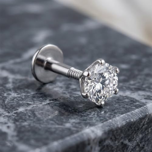 Image of Parnika 925 Sterling Silver Solitaire CZ Nose Pin | Small Size Piercing Nose Stud with Secure Screw Back | Elegant Silver Nose Ring for Women & Girls