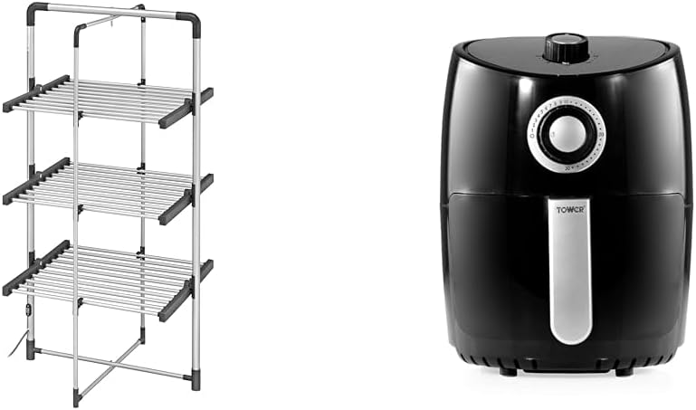 BLACK+DECKER63099 3-Tier Heated Clothes Airer Aluminium, Cool Grey, 140cm x 73cm x 68cm & Tower T17023 Vortx Manual Air Fryer Oven with Rapid Air Circulation and 30 Min Timer, 2.2 Litre, Black