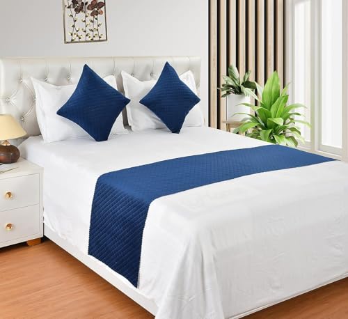 Image of KIB 200 TC Navy Blue Velvet Usey Quilting Bedsheet Runner Set 18x96 Inch with 2 Cushion Covers 16x16 Inch | Bedrunner for Double Bed Soft Luxury Hotel Style Bedding Decoration (Pack 1)