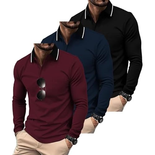ZITY 3 Pack Men Polo Shirts Long Sleeve with Pocket Golf Shirts Shirts for Men Casual Work Athletic Collared T-Shirts Black Winered Navy Large