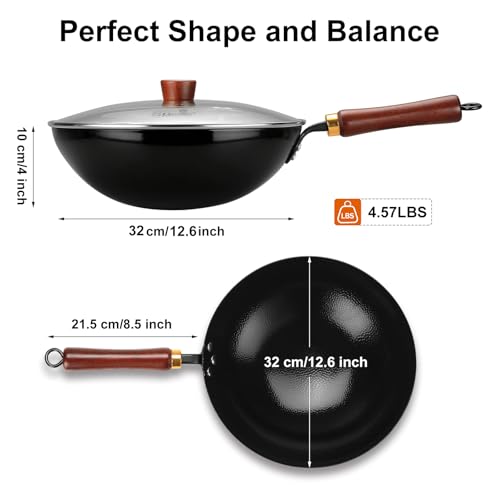 Image of Carbon Steel Wok Pan, 12.6-Inch Nonstick Pre-Seasoned Woks & Stir-Fry Pans with Glass Lid, No Chemical Coated Wok Round Bottom Hand Hammered Chinese Wok for Gas Stoves