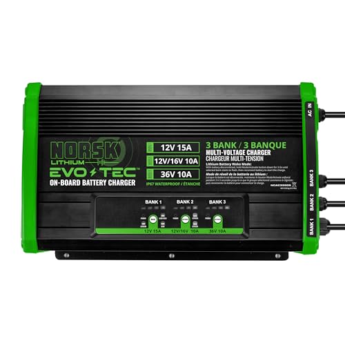 Norsk Lithium EVO-TEC™ 12V+12V/16V+36V – 3 Bank Selectable On-Board Charger | Marine Battery Charger for LiFePO4, AGM, and Deep-Cycle Batteries | Waterproof | Wake Mode