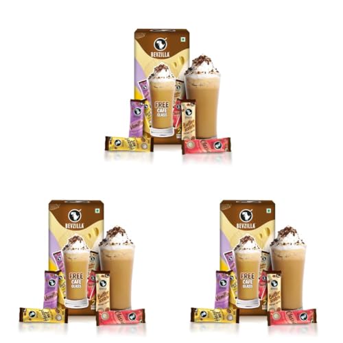 Image of Bevzilla Premium Glass & 25 Flavoured Coffee Sachets /Pouch Box | Butterscotch, Classic, Vanilla & Hazelnut Flavour | Preimum Gift Box| Espresso, Latte,Cappuccino | Hot & Cold Brews (Pack of 3)