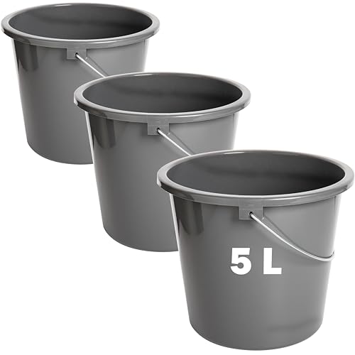 Putzeimer 5l Haushalteimer, Eimer 3er Set, Wischeimer mit Meßskala und Metallgriff, Plastikeimer Putzkübel aus Kunststoff ohne BPA, Wascheimer Grau, Langlebig-Vielseitig & Robust, Made in EU