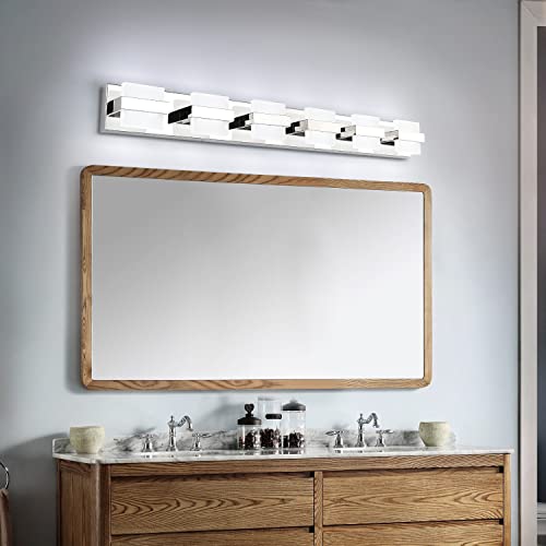 Image of SOLFART 6 Lights Chrome Bathroom Light Over Mirror Modern Vanity Light Fixtures Bathroom Lighting Fixtures 41 inch White Light Non Dimmable