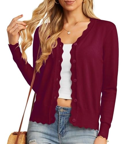 GRECERELLE Cardigan Femme avec Boutons et Encolure en V Cardigan Femme Léger et Estival Elégant avec Dentelle (Vin Rouge, M)