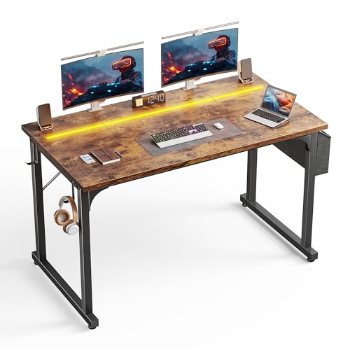 Image of DurayLoly 48 Inch Computer Desk with Waterproof LED Lights,Study Desk for Teens & Home Office,Headphone Hook & Storage Bag Included,Sturdy Metal Frame,Small Space Friendly,Rustic Brown