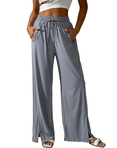 Women's Summer Pants Cool Silky Comfy Wide Leg Split Stretch Casual Lounge Beach Trouser with Pockets