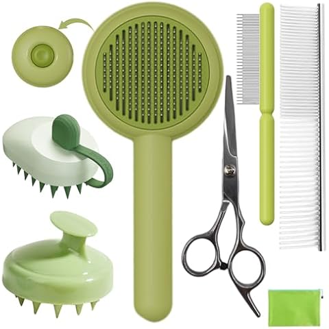 KUEIOX Dog Grooming Brush Set, 7 PCS Dog Slicker Deshedding Hair Brushes for Short Long Haired Dogs Cats, Dog Scrubber Shower Wash Brush, Dematting Comb, Scissor, Green Cover
