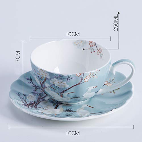 8oz Blue Fine Bone China Coffee Cup with Saucer,Colored Flowers,White Crane Porcelain Tea Cup and Saucer