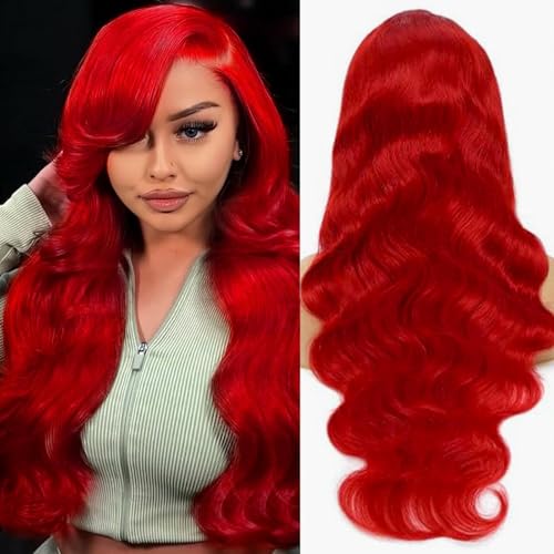 Image of Red Lace Front Wigs Human Hair 13x4 HD Transparent Body Wave Human Hair Lace Front Wig Pre Plucked Red Colored Glueless Human Hair Lace Frontal Wigs for Women 16 Inch