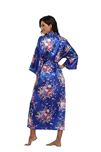 Women's Long Satin Robe Floral Kimono Dressing Gown Lightweight Sleepwear Bridal Party Bridesmaids Robes, X-Large-3X-Large Blue #TOP1