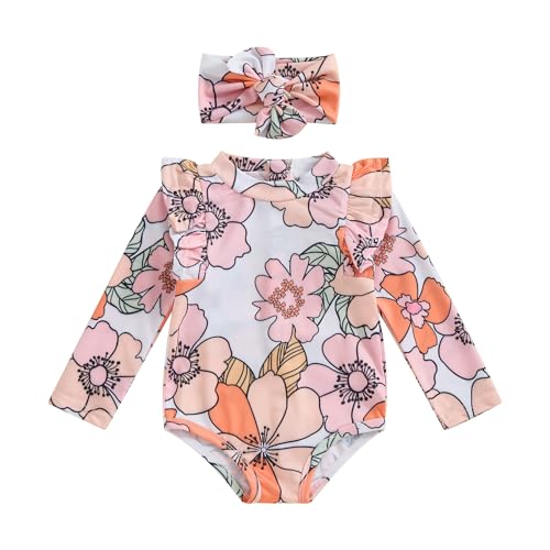 Image of Covvoliy Infant Baby Girl Swimsuit One Piece Long Sleeve Zip Swimwear Bathing Suit Beach Wear