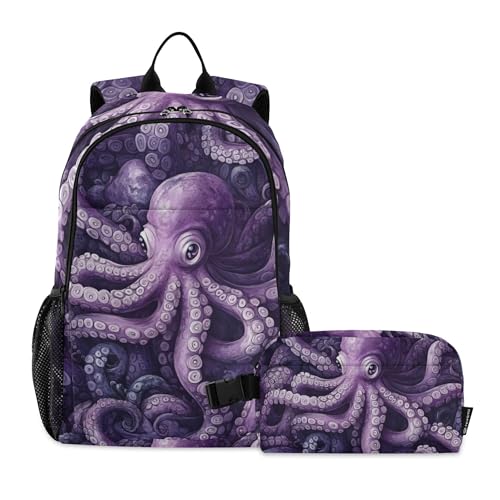 Purple Octopus Backpack with Lunch Bag for Boys Girls, Travel School Backpack Set