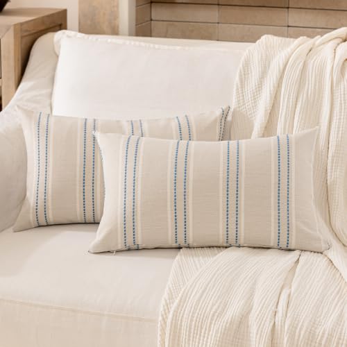 Image of Hckot Lumbar Throw Pillow Covers 12x24 Set of 2 Lake Blue Pillow Covers Farmhouse Decorative Pillows Textured Linen Square Cushion Covers for Sofa Couch Bed Living Room Decor(Lake Blue)