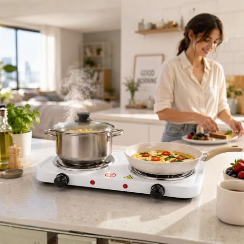 Image of Drumstone 𝟏𝟓 𝐘𝐞𝐚𝐫 𝐋𝐨𝐧𝐠 𝐋𝐢𝐟𝐞 𝐖𝐚𝐫𝐫𝐚𝐧𝐭𝐲, Dual Burner Electric Hot Plate, 2000W Countertop Cooker, Portable Cooking Stove with Temperature Control for Indoor Cooking