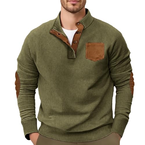 Hawyet Corduroy Pullovers for Men Retrp Style Stand Collar Elbow Patched Long Sleeve Winter Fall V Neck Sweaters