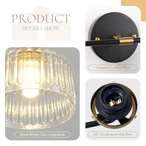 Image of Mid Century Modern Wall Sconce Clear Glass 6.7 inch Shade Striped Glass Bathroom Vanity Lights Vintage Style Brushed Finish Black Gold Wall Mount Light for Living Room, Bedroom, Hallway