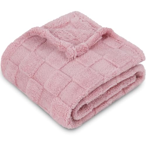 Image of HOMRITAR 3D Gingham Fleece Baby Blanket for Girls Boys Chessboard Grid Warmer Comfort Reversible Shaggy Cozy Decor for Home Bed Blanket for Toddlers 30 x 40 Inches Coral Pink