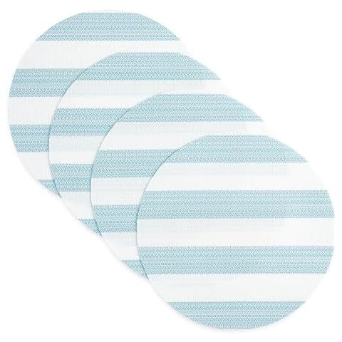 TOWN & COUNTRY BASICS Cabana Stripe Indoor Outdoor Placemats 4-Pack Set, Reversible and Easy Clean, Teal Blue/White, 15" Round Cover