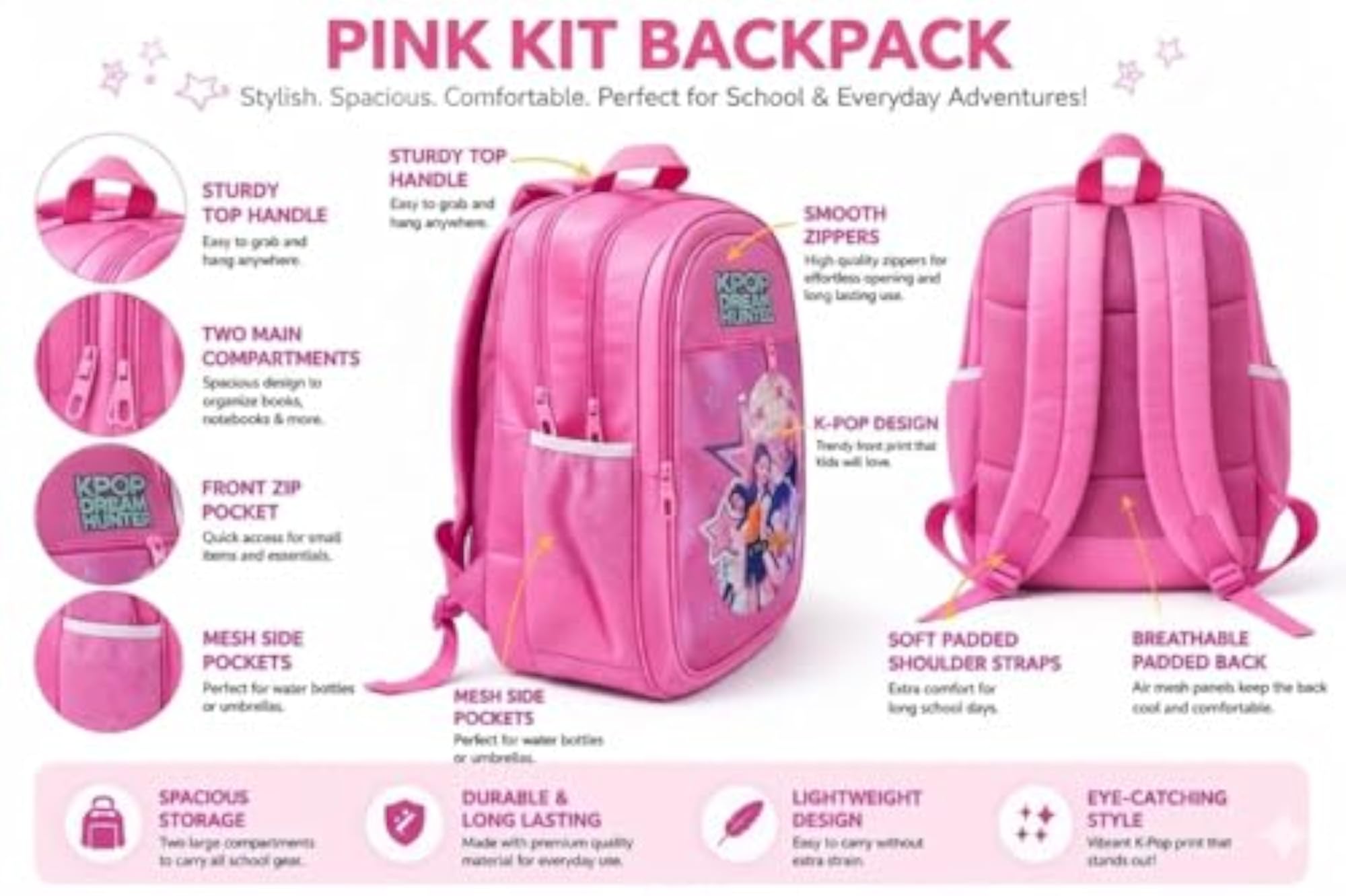 Large Capacity Pink Printed School Backpack for Girls