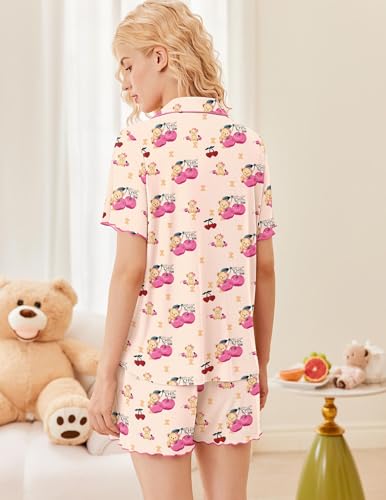 Image of Ekouaer Button Up Pajamas Set for Women Short Sleeve Ribbed Knit Sleepwear 2 Piece Pjs Shorts Set