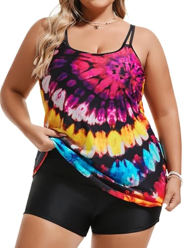 Hanna Nikole Damen Übergröße Tankini Set Bauchkontrolle Bademode Elastische Zweiteilig Badeanzüge Bunte Wellen 52 2