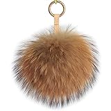 [Fosrion] ラージ純正アライグマ/キツネファーポンポンキーチェーンバッグチャーム ふわふわファーボール, レッド, Large (ナチュラル)