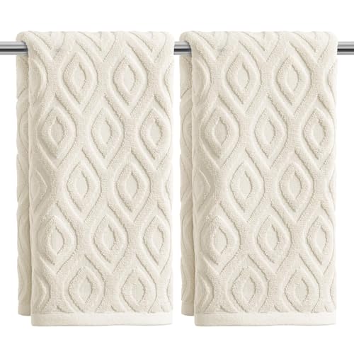 Artoid Mode 2 Pcs Beige 3D Diamond Grid Jacquard Hand Towels for Bathroom 100% Cotton Soft Absorbent Bathroom Decor Towels 13.7 x 29.5 Inch