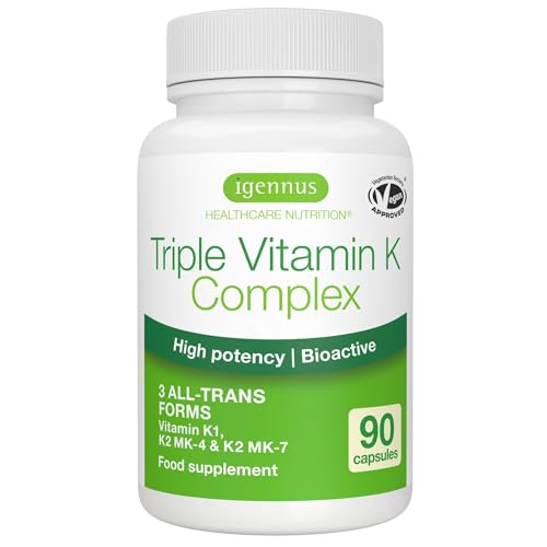 Igennus Triple Vitamin K Complex 2700 mcg, Vitamin K1 & K2 (MK-4 & MK-7), 90 Capsules, 1-a-Day, High Strength and Bioactive Natural Forms, Bone & Cardiovascular, Clean Label, Vegan