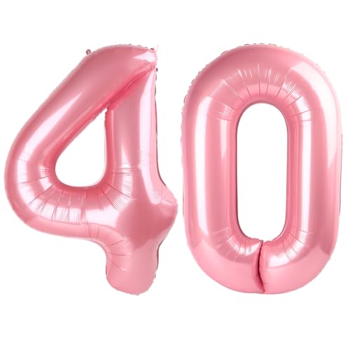 Image of Number Balloons 40 Balloon 40 inch Pearl Pink for 40th Birthday Decorations | Saturated Color, Large 40 in, With Straw & Hanging Hole, For Back-to-School Season, Wedding, Christmas, New Year, Anniversary