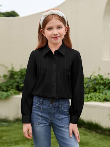Haloumoning Girls Shirts Puff Long Sleeve Button Down Blouse Pleated School Uniform Dress Shirt Tops 5-14 Years4