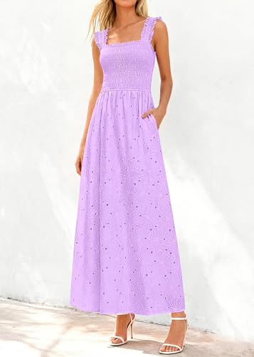 Image of KIRUNDO Summer Lace Dress for Women Eyelet Maxi Sundress | Boho Sleeveless Cotton Flowy Long Dresses, Wedding Guest, Beach Vacation, Baby Shower Guest Dress, Smocked Bust, With Pockets