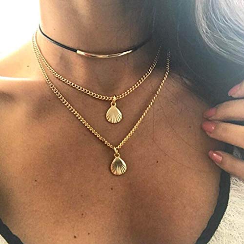 Preisvergleich Produktbild Jovono Mehrschichtige schwarze Chokerhalsketten Jakobsmuschel-Anhänger Halskette Kette Schmuck für Frauen und Mädchen (Gold)