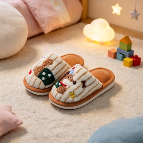 Kids Fuzzy Slippers Cute Dog Embroidery Plush Lined Indoor House Shoes - image 2