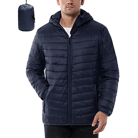 33,000ft Lightweight Waterproof Puffer Jacket Men's Packable Insulated Winter Jacket with Hood Windproof Mens Quilted Coat for Hiking, Travelling Deep Blue L Cover